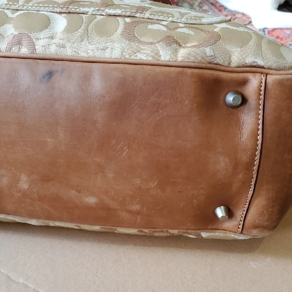 Coach Tan and Brown Diaper Bag 15 X 11.5 Signature Tote With Dust Bag